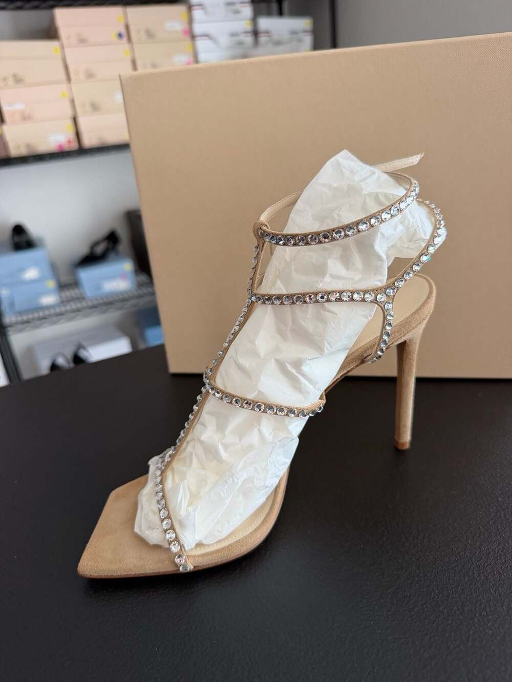 Alexandre Birman Amanda 100 Crystal Suede Sandals Meringue Nude Retail $1,095